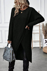 Solid Color Round Neck Long Sleeve Loose Slit Knitted Sweater