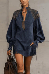 Stylish Suede V-neck Long-sleeved Tassel Loose Mini Dress