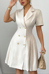 Solid Color Lapel Short Sleeve Button Waist Mini Dress