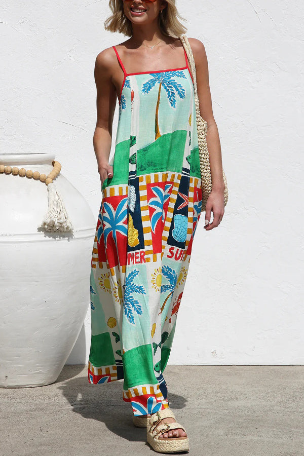 Summer-themed Printed Square Neck Sleeveless Pocket Loose Maxi Dress