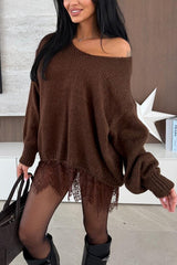 Comfy and Sweet Knit Lace Patchwork Hem Wide Neck Long Sleeve Loose Sweater
