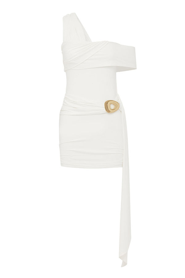 Kassi Mesh Asymmetrical Neckline Metal Buckle Drape Hem Stretch Mini Dress