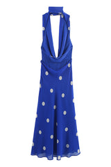 Fashion Polka Dot Print Sexy Halter Neck Backless Maxi Dress