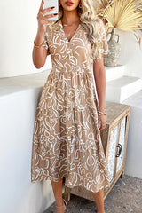 Bohemian Resort Style Print Casual Short Sleeve Button Midi Dress