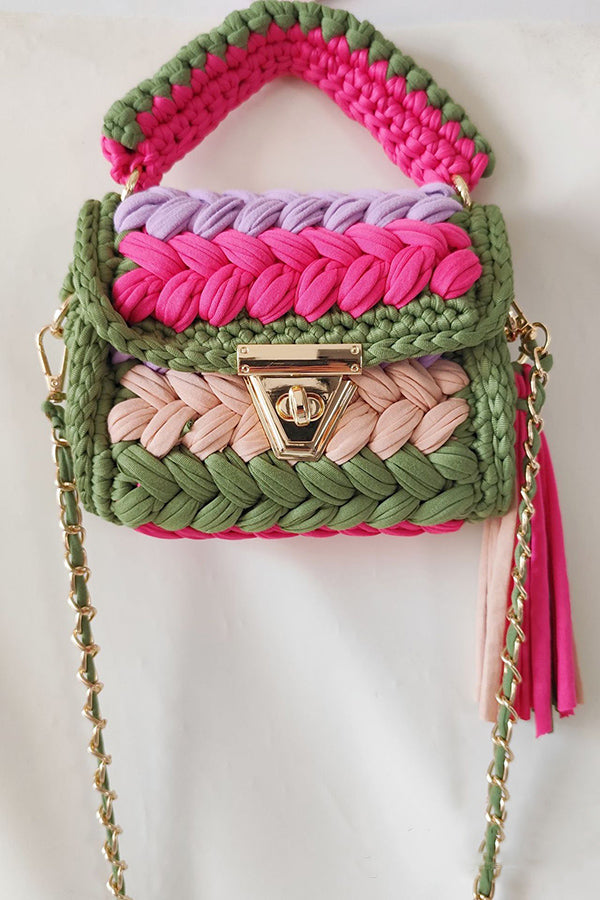Contrast Color Stitching Braided Chain Tassel Bag