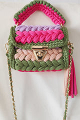 Contrast Color Stitching Braided Chain Tassel Bag
