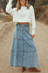 Fashion Elastic Waist Casual Patchwork Denim Maxi Skirt