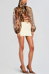 Peregrine Semi-sheer Silk Animal Print Bow Neck Balloon Sleeve Loose Blouse