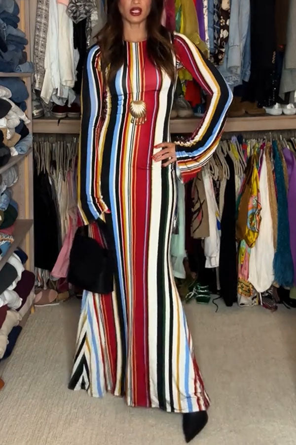 Vibrant Holiday Colorful Striped Print Extra Long Sleeve Fitted Flared Maxi Dress