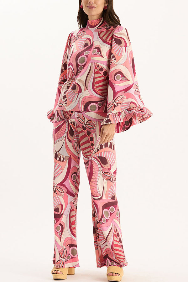 Sarah Unique Print High Neck Ruffle Bell Sleeve Top and Elastic Waist Pocket Loose Pants Set