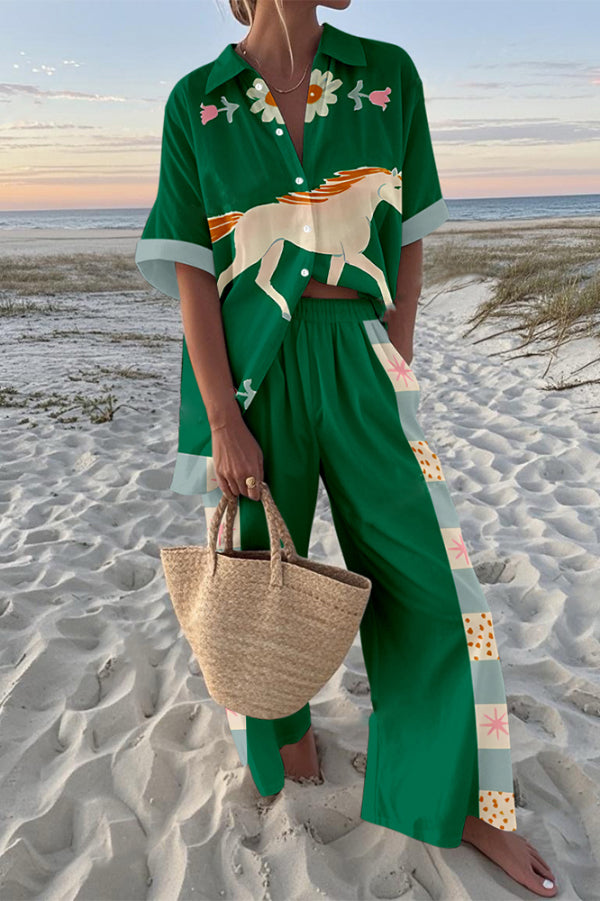 White Horse Print Oversized Shirt and Elastic Waist Pocket Pants Set