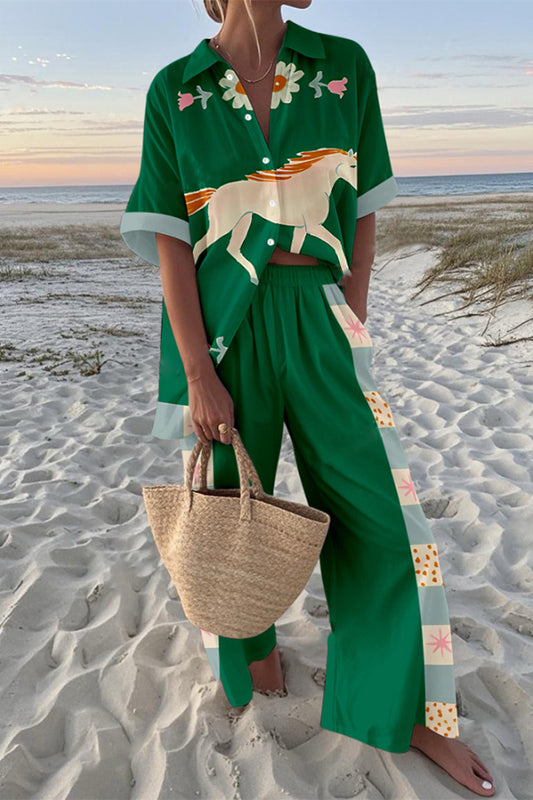 White Horse Print Oversized Shirt and Elastic Waist Pocket Pants Set
