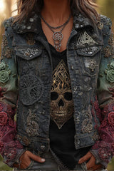 Unique Printed Lapel Long-sleeved Personalized Denim Jacket
