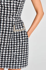 Eve Check Bouclé-tweed Fabric Pearl Trim Short Sleeve Pocketed Mini Dress