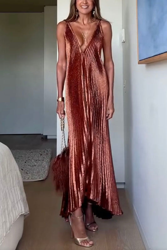 Muse Glitter Fabric Pleated V-neck Tulip-cut Hemline Slip Maxi Dress