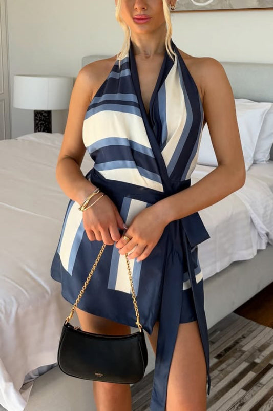 Summer Striped Print Halter Neck Backless Tie Mini Dress