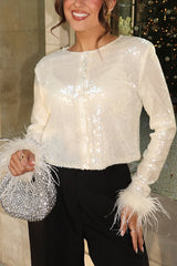 Cocktails First Sequin Button Up Long Sleeve Feather Cuff Party Top