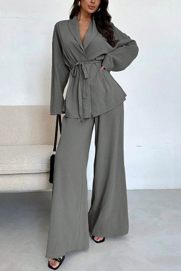 Solid Color Collared Long-sleeved Tie-wst Loose Top and Elastic Wst Casual Wide-leg Pants Set