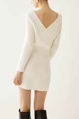 Solid Color Crossover V-neck Long-sleeved Fitted Waist Knit Mini Dress