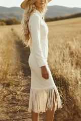 Stylish Suede Long-sleeved Zippered Slim-fit Tassel Midi Dress