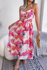 Plant Print Halter Neck Hollow Holiday Beach Midi Dress