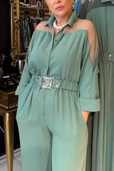 Fashion Mesh Splicing Lapel Long Sleeve Waist Pocket Wide Leg Jumpsuit