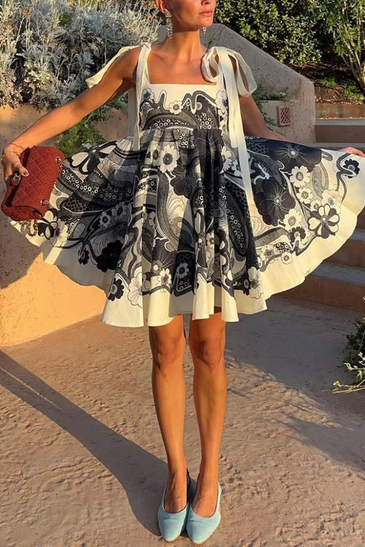 Unique Print Square Neck Spaghetti Strap Tie Full Hem Mini Dress