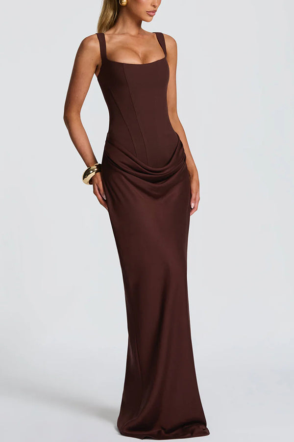 Larrah Square Neck Back Lace-up Satin Drape Hem Maxi Dress