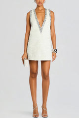 Cocktail Charm Sequin Colorblock Trim V-neck Sleeveless A-line Mini Dress