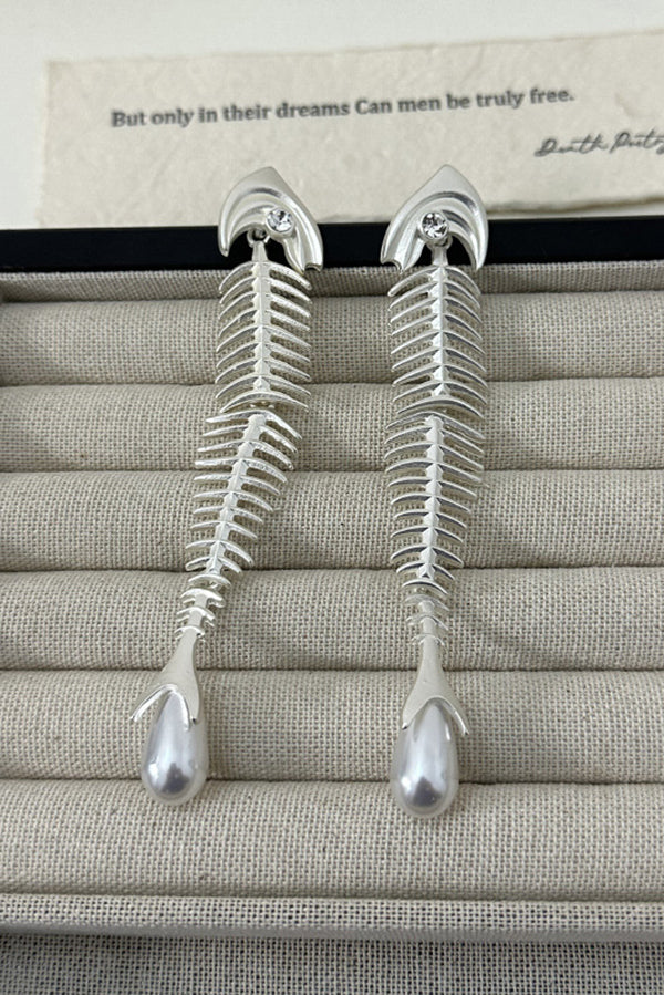 Personalized Fishbone Diamond Pearl Pendant Earrings