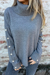 Solid Color Casual Turtleneck Button Decoration Long Sleeve Loose Knit Sweater