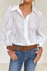 Fashion Hollow Puff Sleeve Casual Lapel Loose Shirt