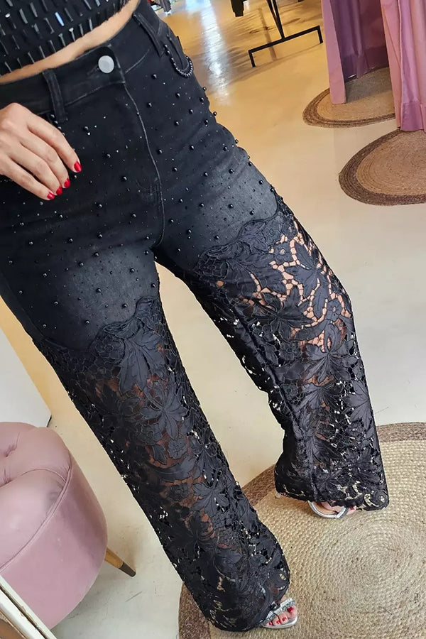 Fashionable Openwork Lace Patchwork Wide-leg Jeans