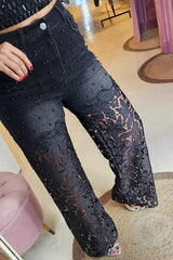 Fashionable Openwork Lace Patchwork Wide-leg Jeans