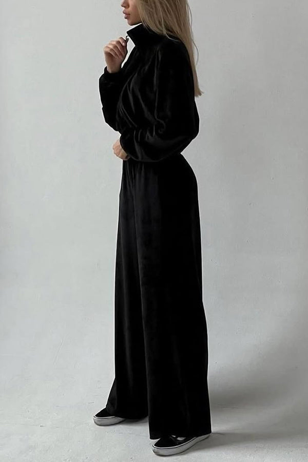 Solid Color Velvet Long-sleeved Zip-up Sweatshirt and Elastic Waist Casual Pocket Straight-leg Pants Set