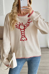 Fashion Lobster Pattern Round Neck Long Sleeve Loose Knitted Sweater