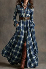 Retro Plaid Print Lapel Long-sleeved Pocket Maxi Dress