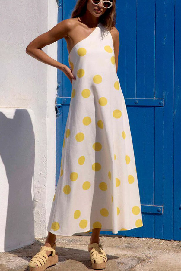 Sunlight Shines Linen Blend Colorblock Polka Dot Print One Shoulder A-line Maxi Dress