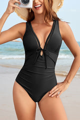 Solid Color V-neck Tie-back Cutout Stretch One-piece Swimsuit