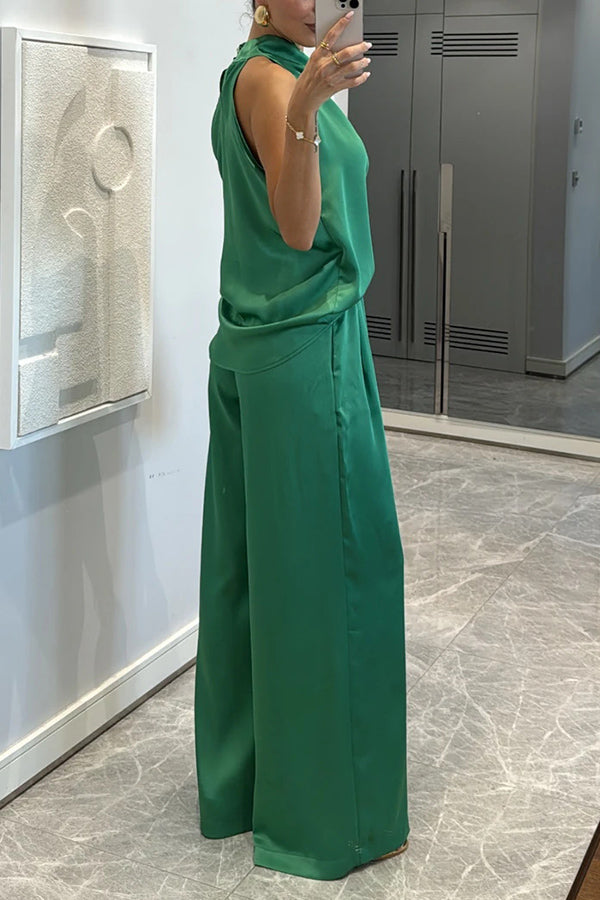 Classic on You Satin High Cowl Neck Top and Elastic Waist Pocket Loose Pants Set