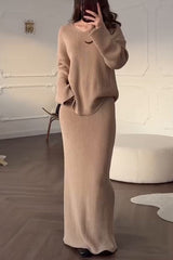 Solid Color Long-sleeved V-neck Casual Knitted Sweater and Elegant Maxi Skirt Set