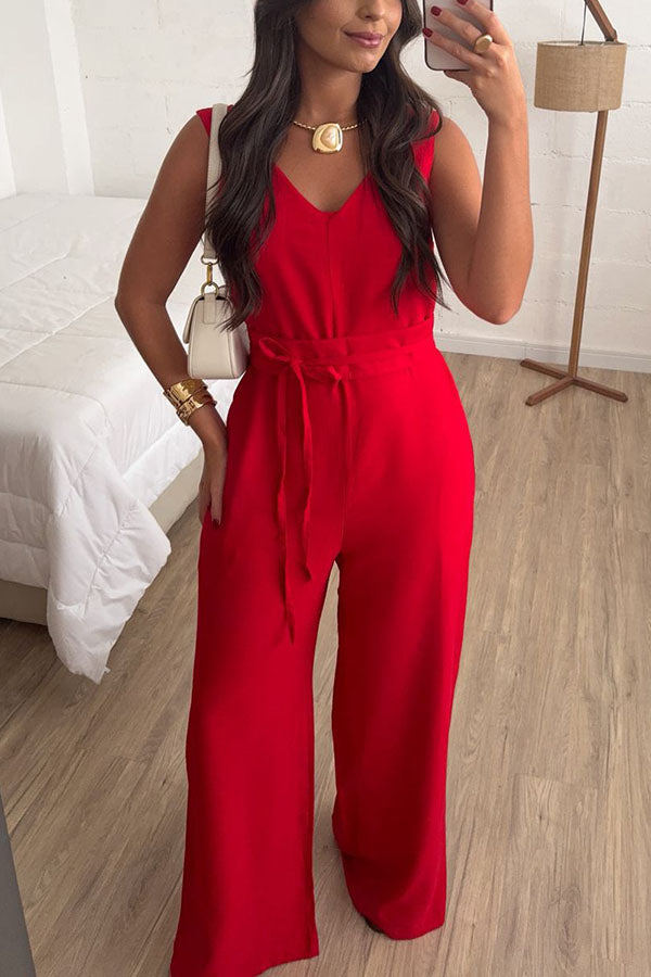 Elaris Linen Blend V-neck Tie-up Waist Pocketed H-line Wide Leg Jumpsuit