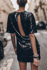 Countdown Celebration Sequin Short Bell Sleeve Open Back Ruched Mini Dress