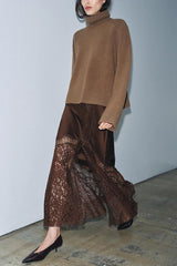 Cozy Sweet Darling Satin Lace Patchwork Mid Rise Slit Maxi Skirt