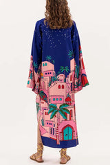 Seaside Stroll Satin Unique Print Button Up Long Sleeve Slit Kaftan Midi Dress