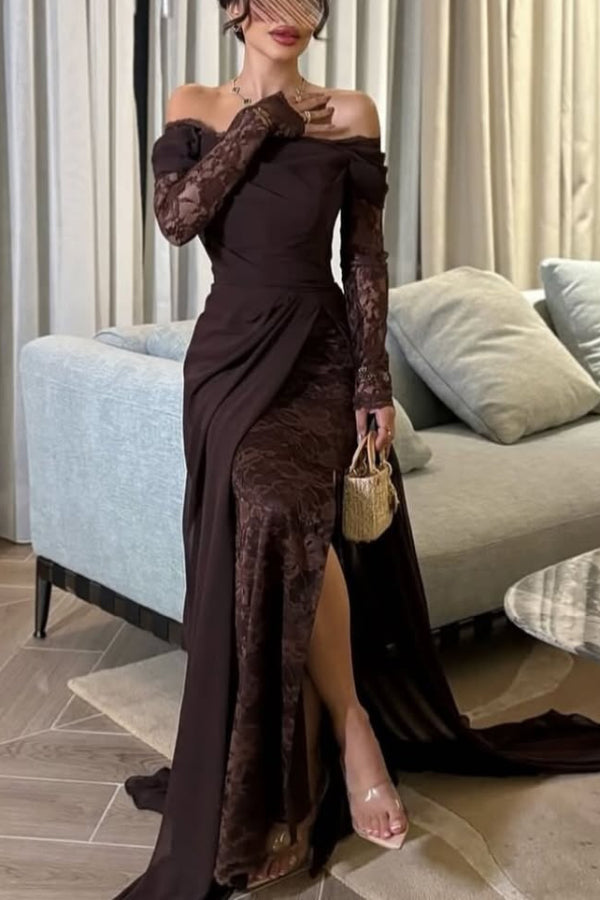 Elegant Patchwork Lace Off-shoulder Long-sleeved Slim-fit Maxi Dress