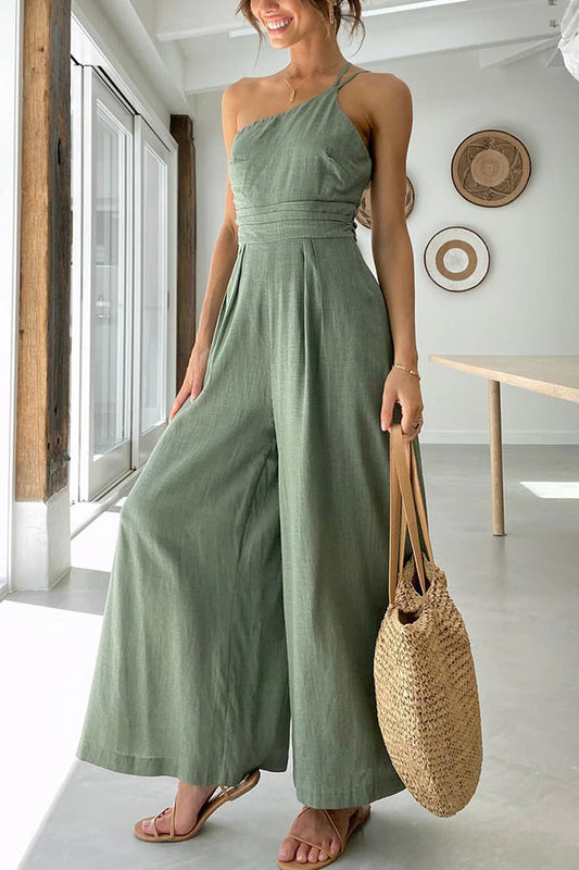 Angela One Shoulder Two Thin Straps Wige Leg Jumpsuit