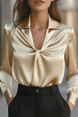 Satin Solid Color Pleated Long-sleeved Casual Shirt