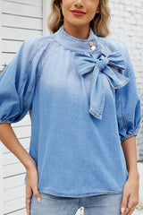 Fashion Loose Bow Lantern Sleeve Casual Denim Shirt
