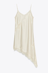 Satin Lace Trim V-neck Asymmetrical Hem Slip Mini Dress